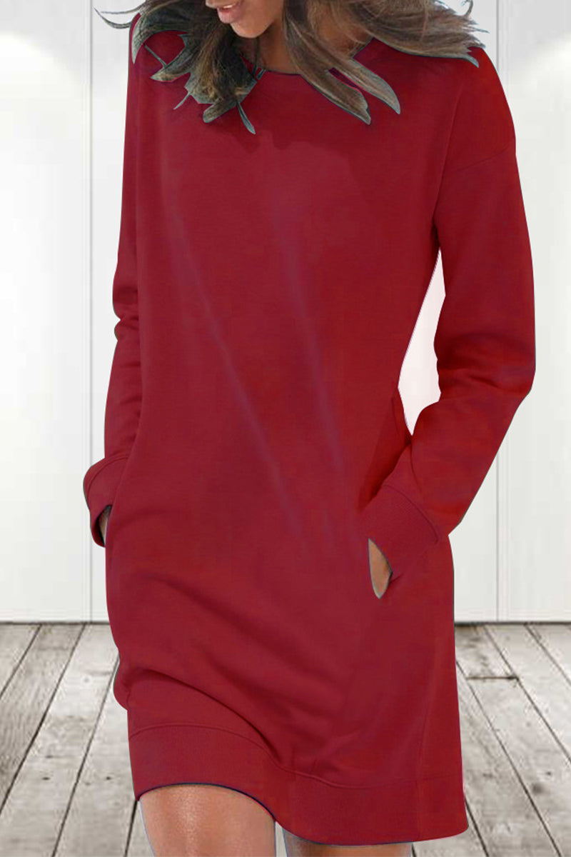 Casual Solid Color O Neck Long Sleeve Dresses(6 Colors)