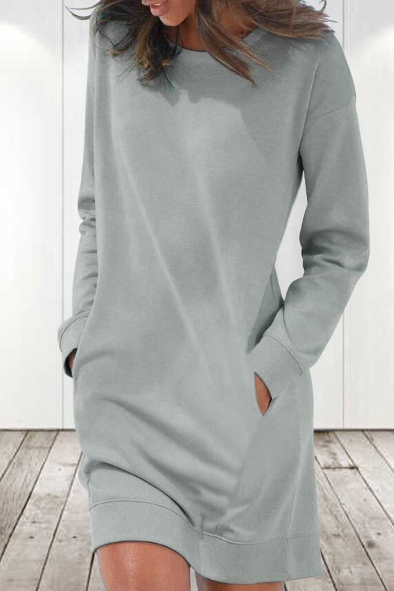 Casual Solid Color O Neck Long Sleeve Dresses(6 Colors)