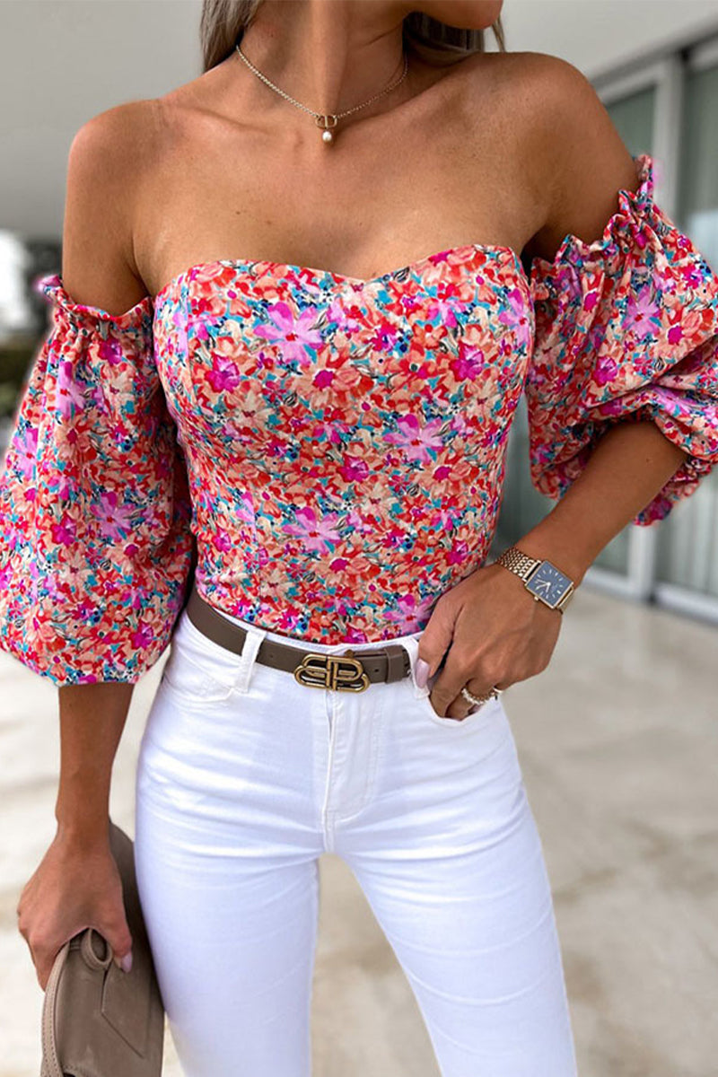 Sweet Elegant Print Printing Off the Shoulder Tops(8 Colors)