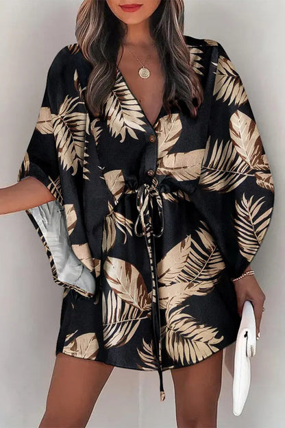 Fashion Casual Print Patchwork V Neck Dresses(4 Colors)