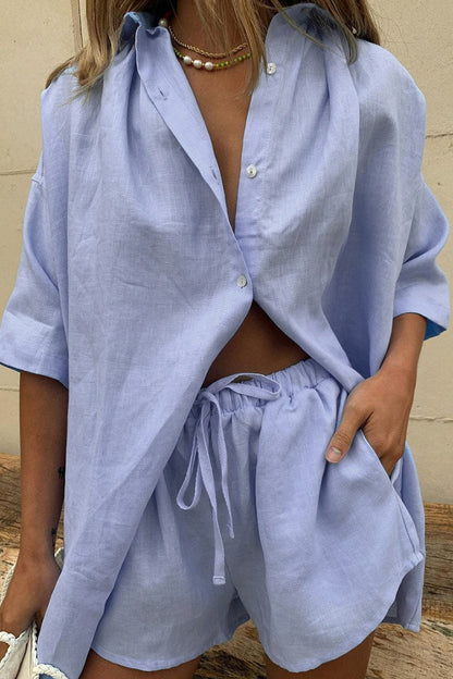 Fashion Casual Solid Patchwork Turndown Collar Half Sleeve Two Pieces