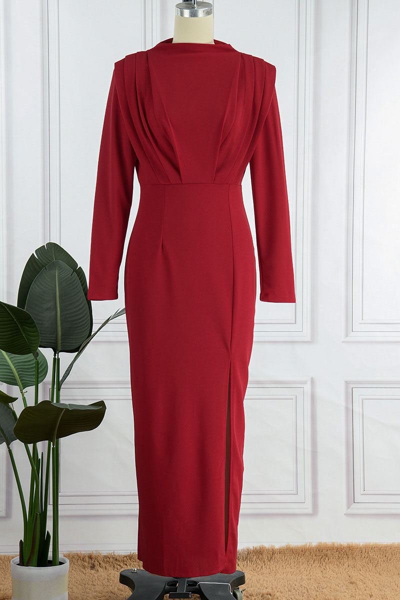 Elegant Solid Patchwork Backless Slit Fold O Neck Straight Dresses(3 Colors)