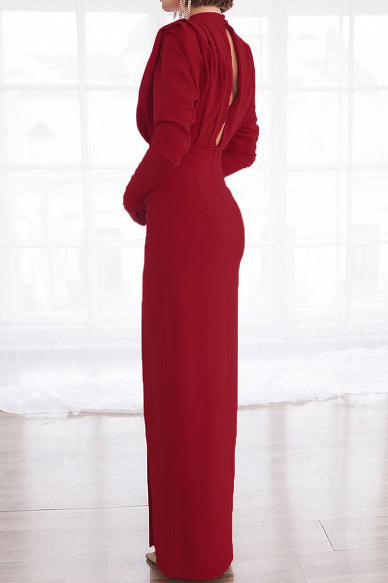 Elegant Solid Patchwork Backless Slit Fold O Neck Straight Dresses(3 Colors)