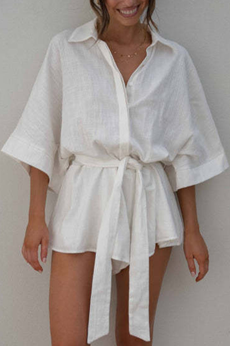 Casual Simplicity Solid Frenulum Turndown Collar Loose Jumpsuits