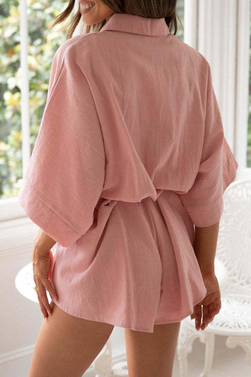 Casual Simplicity Solid Frenulum Turndown Collar Loose Jumpsuits