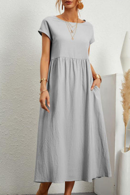 Casual Daily Solid Pocket O Neck Short Sleeve Dress(11 Colors)