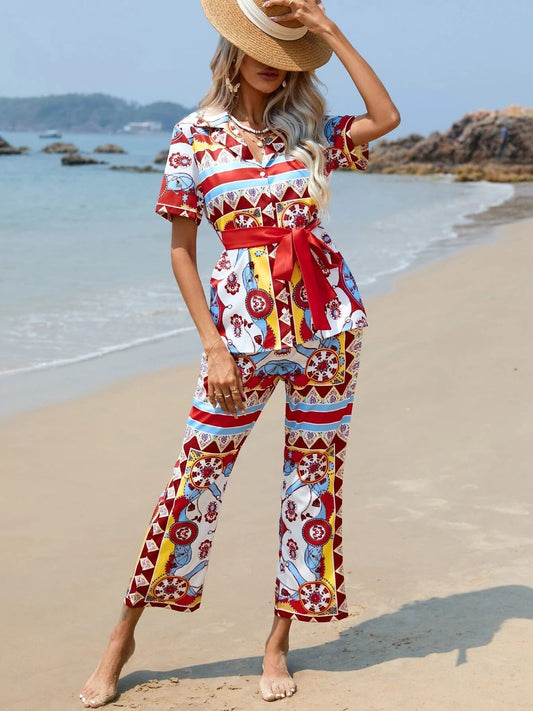 Floral Bow Print Shirt & Wide Leg Pants Coord Set