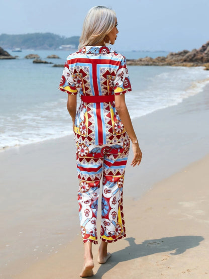 Floral Bow Print Shirt & Wide Leg Pants Coord Set