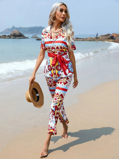 Floral Bow Print Shirt & Wide Leg Pants Coord Set