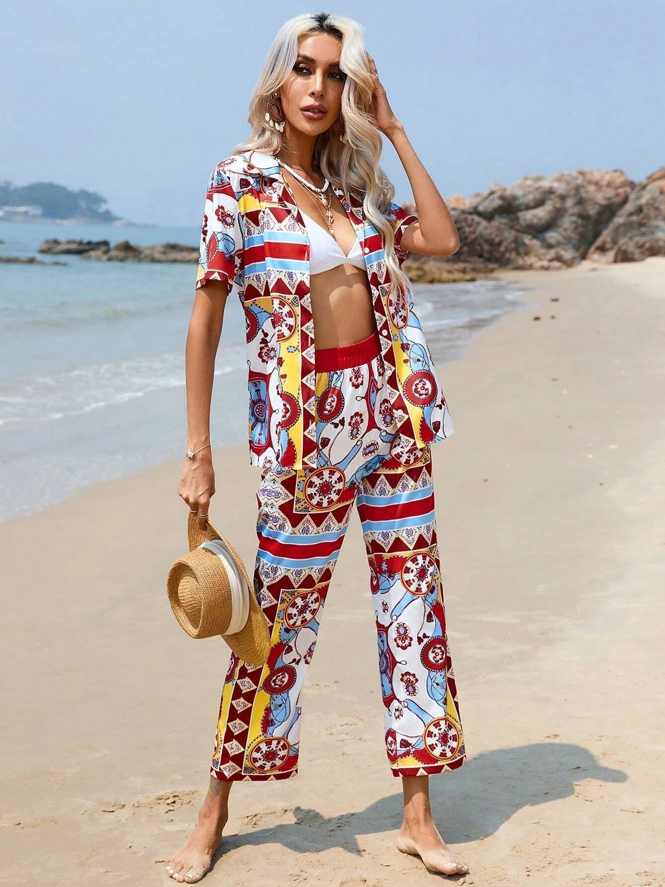 Floral Bow Print Shirt & Wide Leg Pants Coord Set