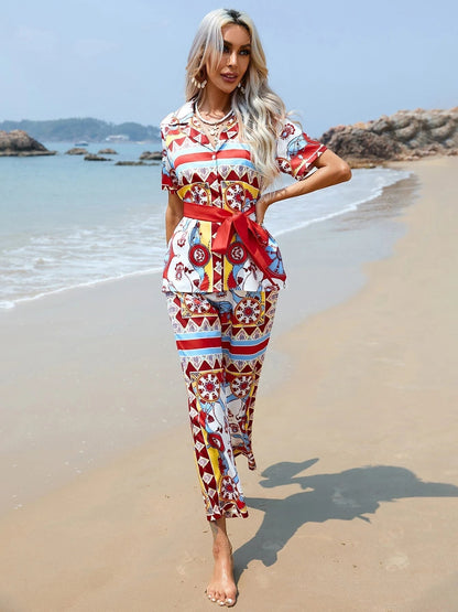 Floral Bow Print Shirt & Wide Leg Pants Coord Set