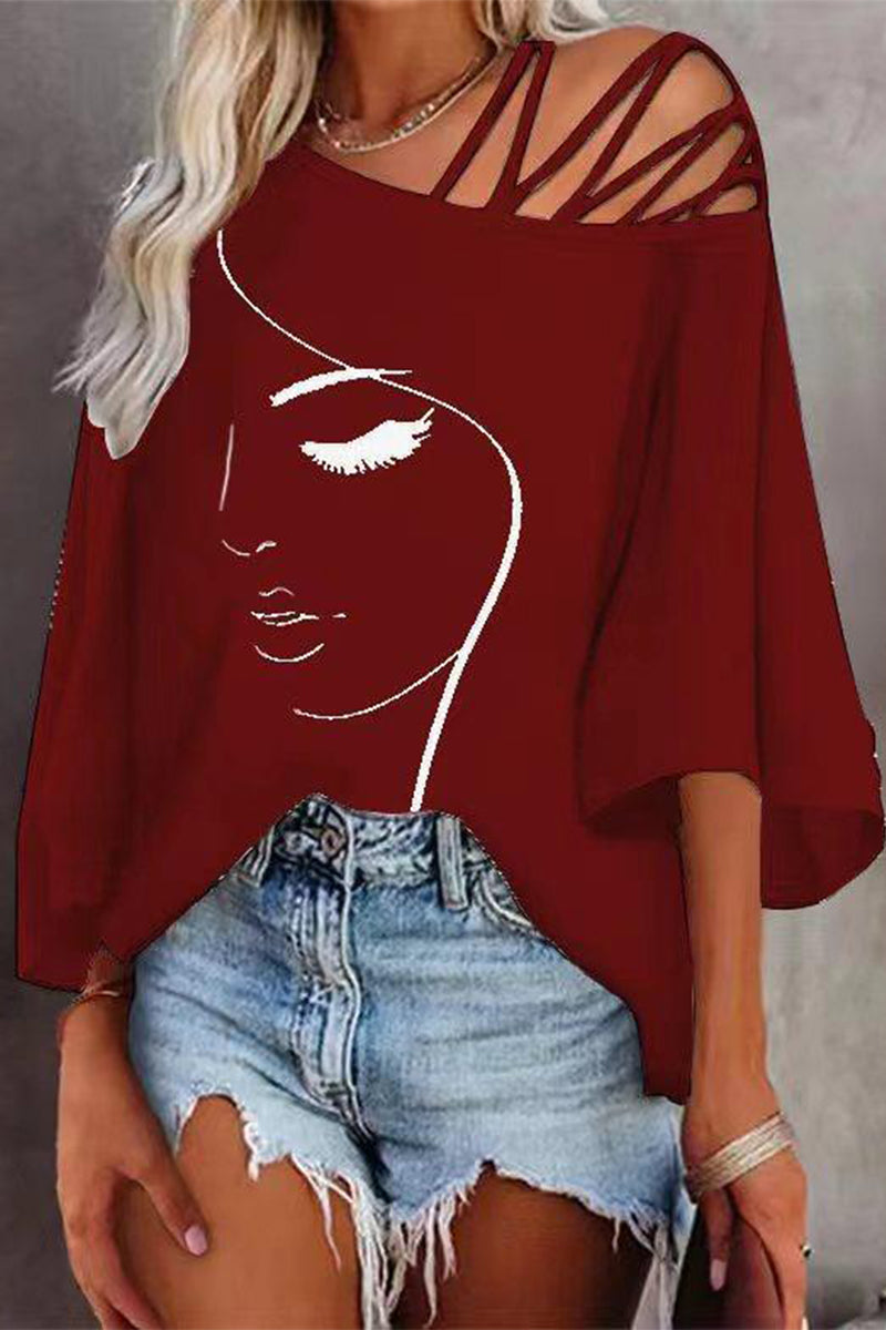Women's Printed Oversized T-Shirt – Casual Slanted Collar Graphic Top