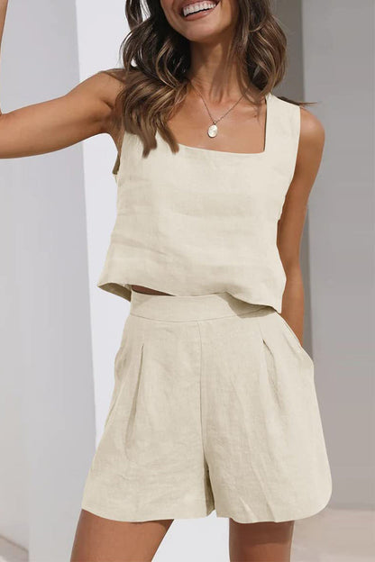 Casual Simplicity Solid Pocket Square Collar Sleeveless Two Pieces(16 Colors)