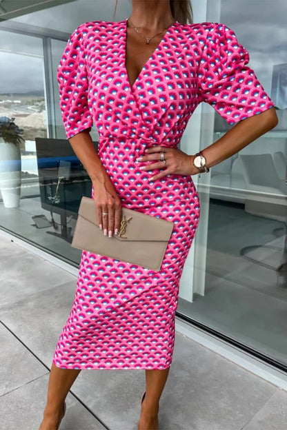 Work Elegant Print Patchwork V Neck One Step Skirt Dresses(3 Colors)