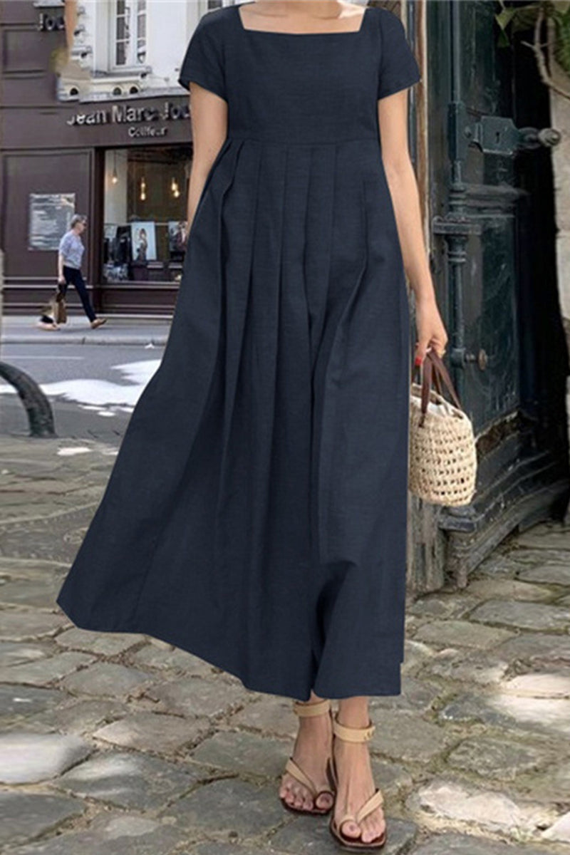 Casual Simplicity Solid Fold Square Collar A Line Dresses(3 Colors)