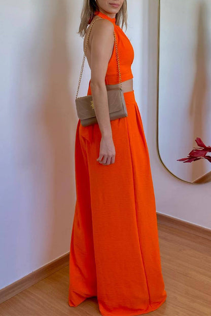 Sexy Simplicity Solid Frenulum Halter Sleeveless Two Pieces