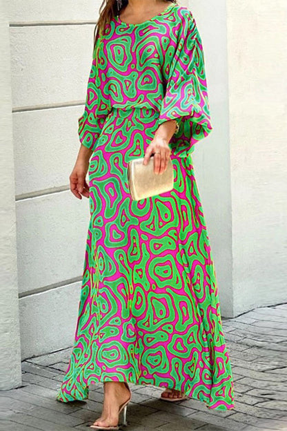 Casual Street Geometric Patchwork O Neck Three Quarter Two Pieces