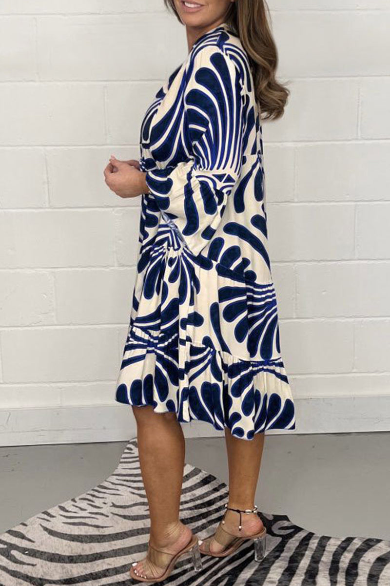 Casual Striped Print Patchwork V Neck A Line Dresses
