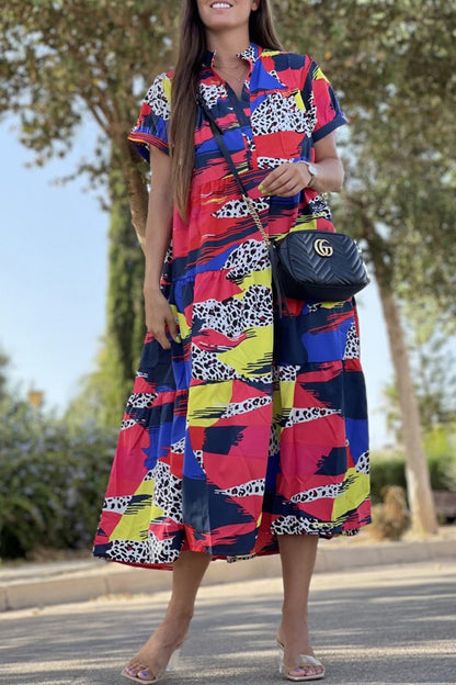 Vintage Elegant Geometric Print Patchwork O Neck A Line Dresses(5 Colors)