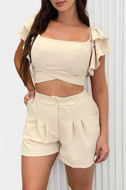 Casual Sweet Solid Frenulum Flounce Square Collar Two Pieces