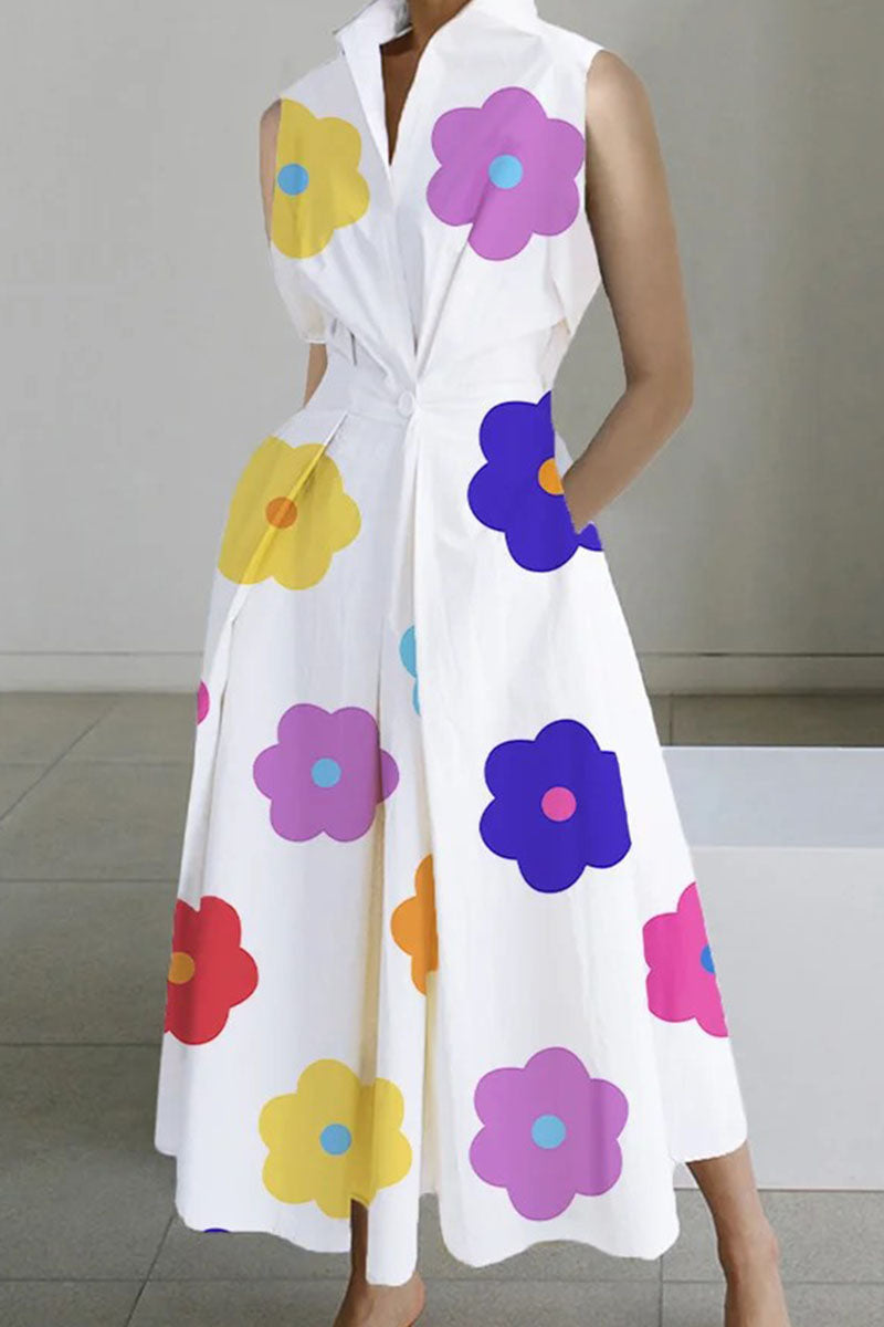 Casual Print Patchwork Buttons Fold Mandarin Collar A Line Dresses(8 Colors)