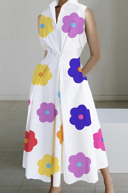 Casual Print Patchwork Buttons Fold Mandarin Collar A Line Dresses(8 Colors)