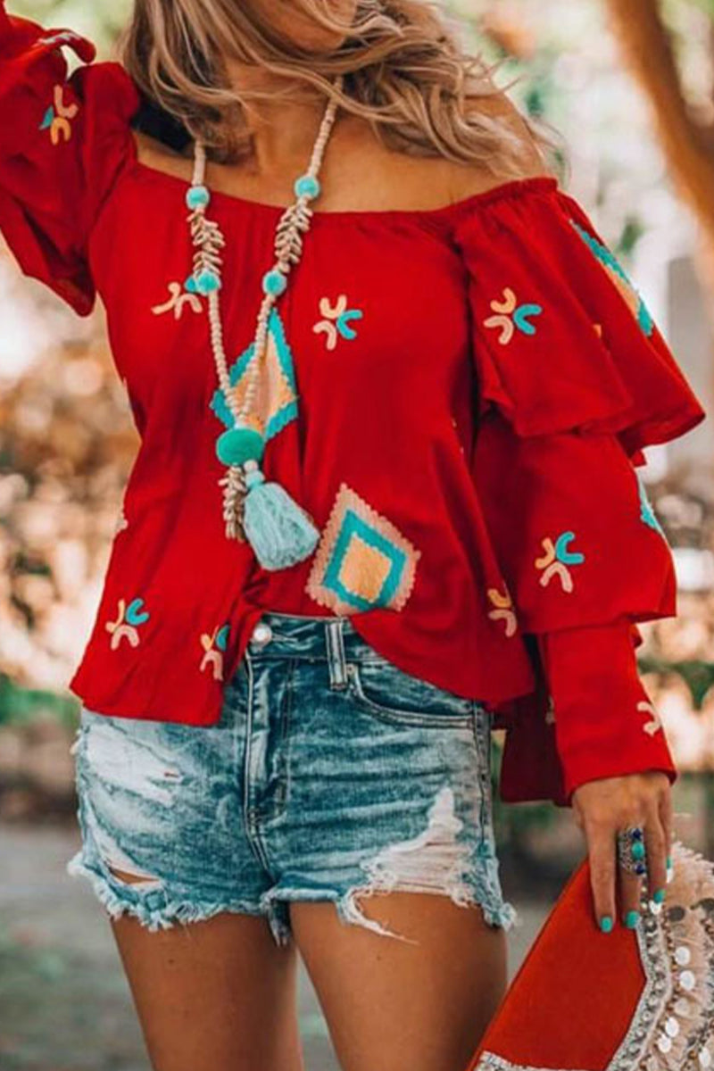 Bohemian College Geometric Patchwork Off the Shoulder Blouses