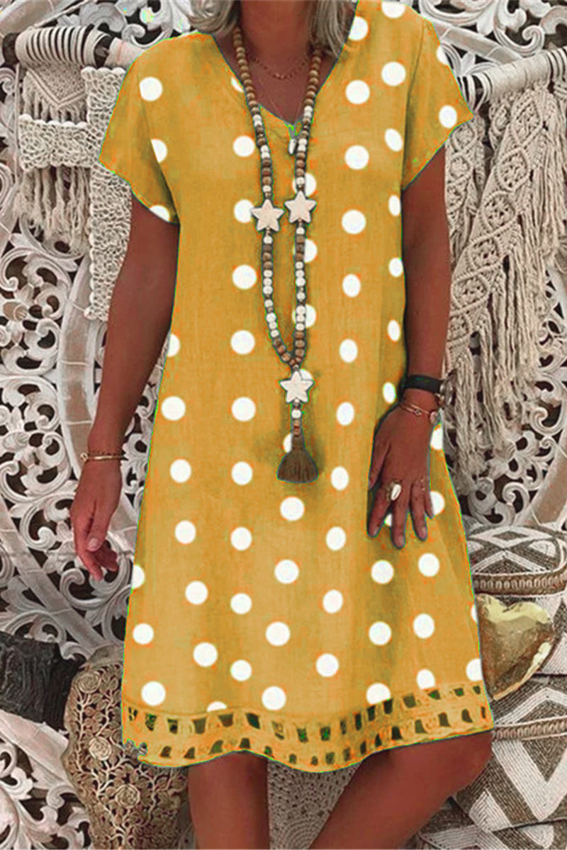 Women V-Neck Short Sleeve Hollow Polka Dot Summer Dress(10 Colors)