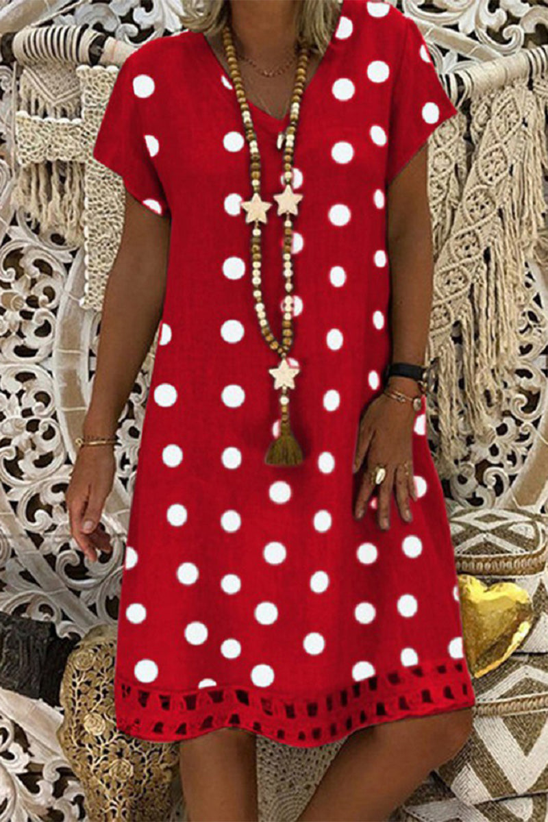 Women V-Neck Short Sleeve Hollow Polka Dot Summer Dress(10 Colors)