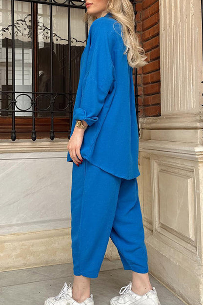 Casual Solid Frenulum Turndown Collar Long Sleeve Two Pieces(3 Colors)