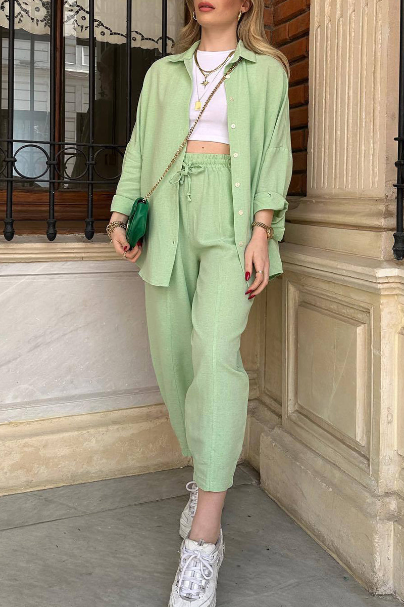 Casual Solid Frenulum Turndown Collar Long Sleeve Two Pieces(3 Colors)