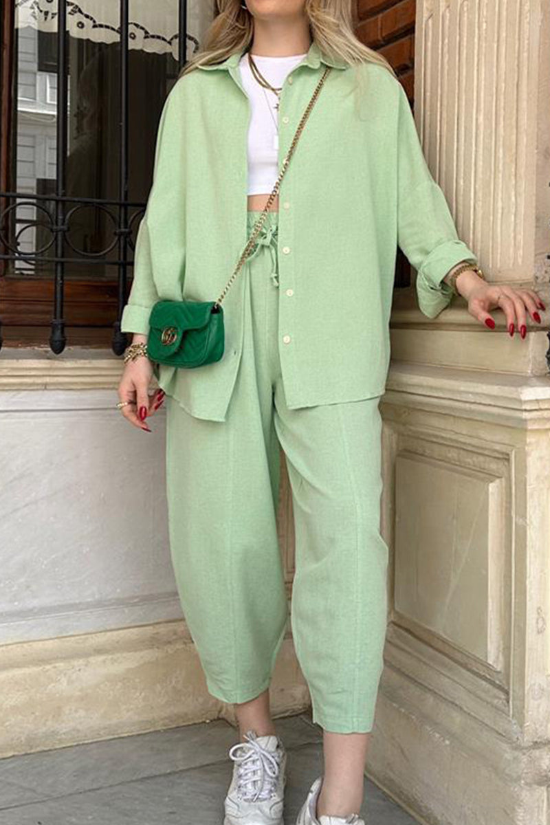 Casual Solid Frenulum Turndown Collar Long Sleeve Two Pieces(3 Colors)