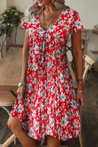 Casual Print Patchwork V Neck A Line Short Sleeve Dress(9 Colors)