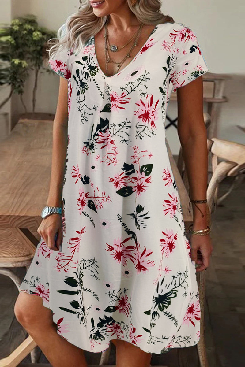 Casual Print Patchwork V Neck A Line Short Sleeve Dress(9 Colors)