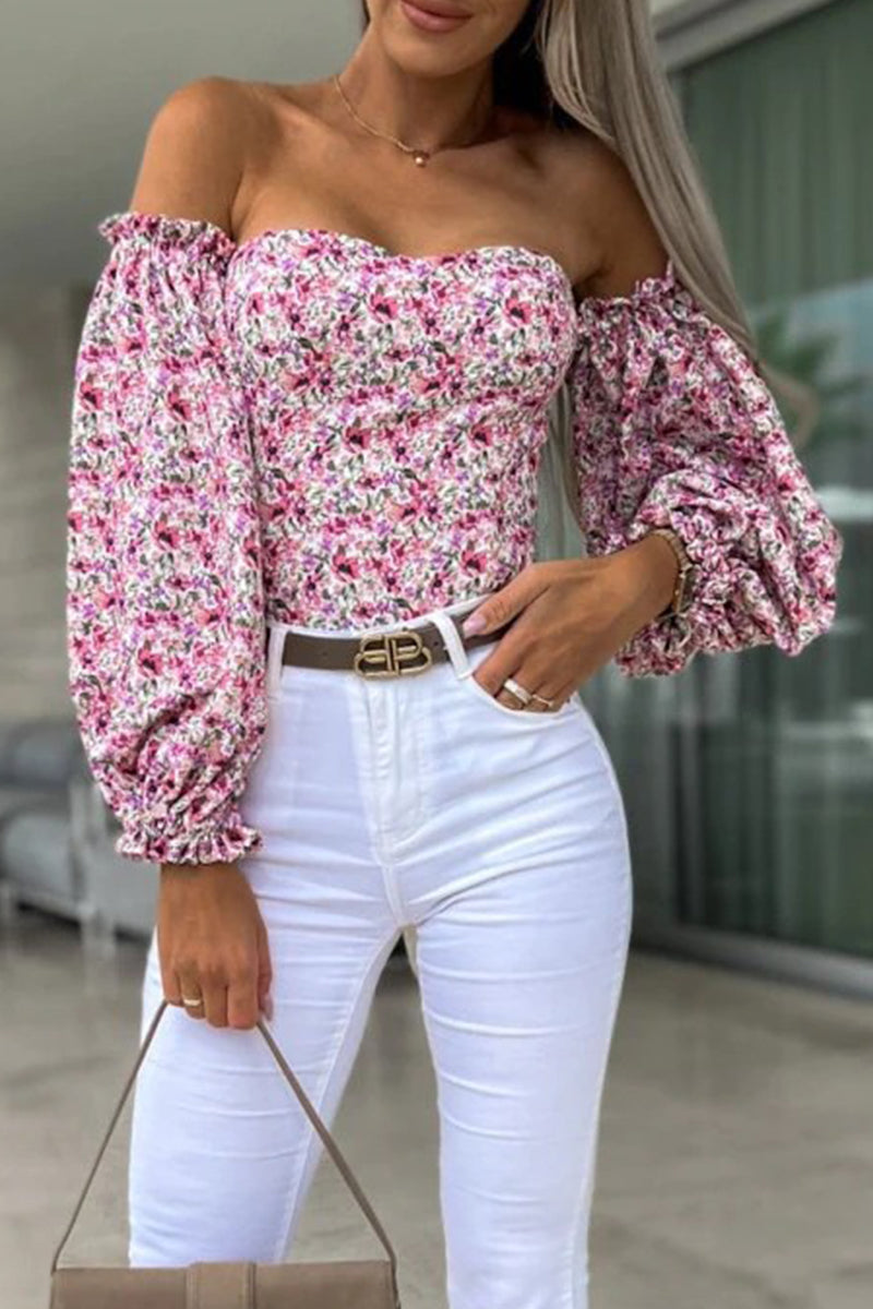 Sweet Elegant Print Printing Off the Shoulder Tops(8 Colors)
