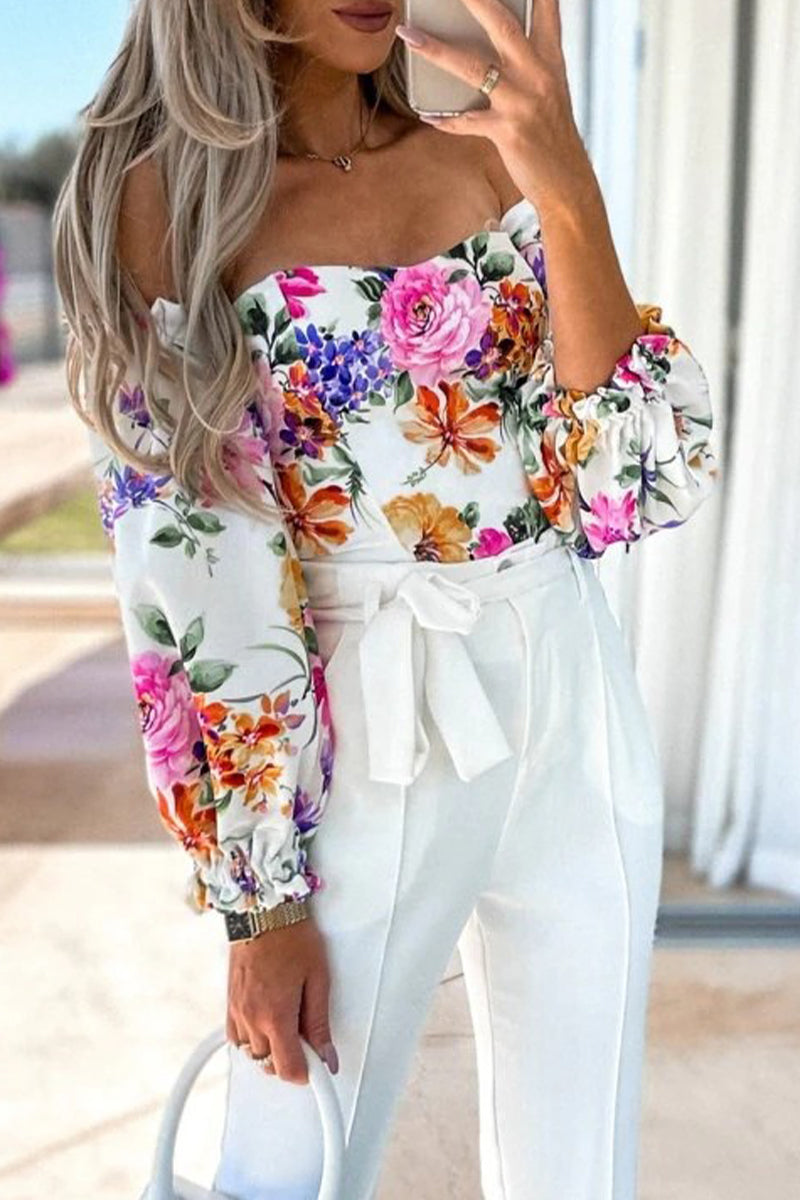 Sweet Elegant Print Printing Off the Shoulder Tops(8 Colors)