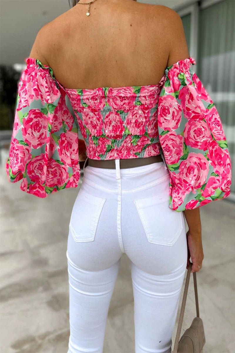 Sweet Elegant Print Printing Off the Shoulder Tops(8 Colors)