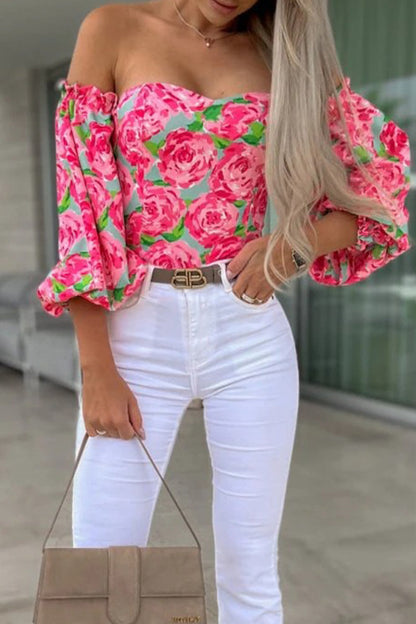 Sweet Elegant Print Printing Off the Shoulder Tops(8 Colors)