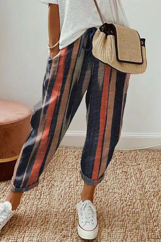 Casual Geometric Print Patchwork Loose Mid Waist Pencil Full Print Bottoms