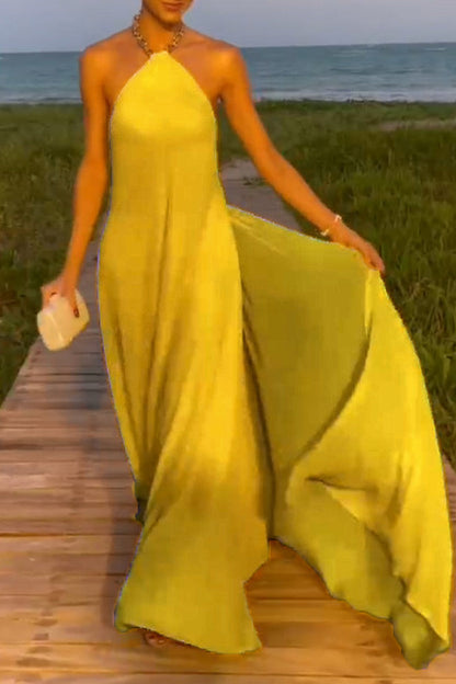 Sexy Simplicity Solid Metal Decoration Halter Sleeveless Dresses(8 Colors)