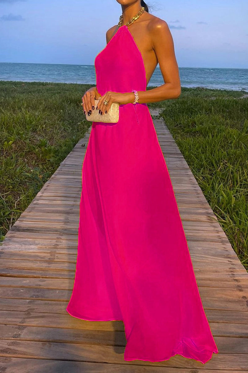 Sexy Simplicity Solid Metal Decoration Halter Sleeveless Dresses(8 Colors)