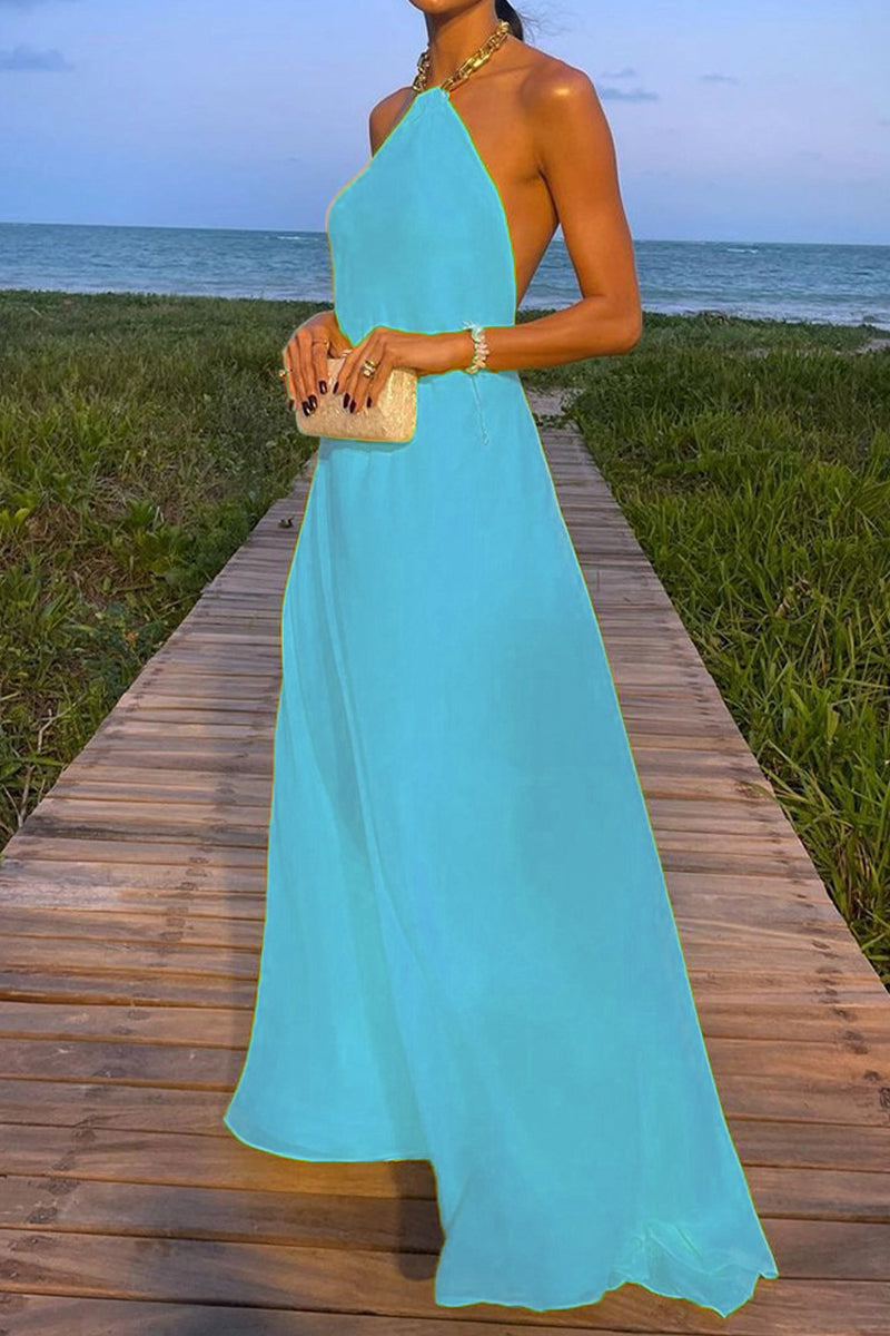 Sexy Simplicity Solid Metal Decoration Halter Sleeveless Dresses(8 Colors)