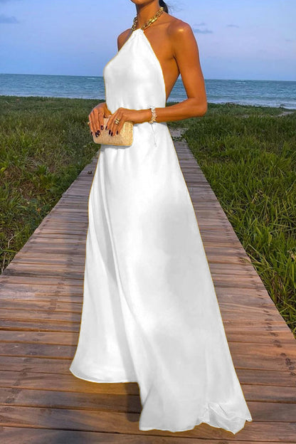 Sexy Simplicity Solid Metal Decoration Halter Sleeveless Dresses(8 Colors)