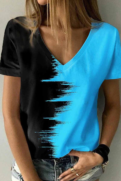 Street Print Patchwork V Neck T-Shirts