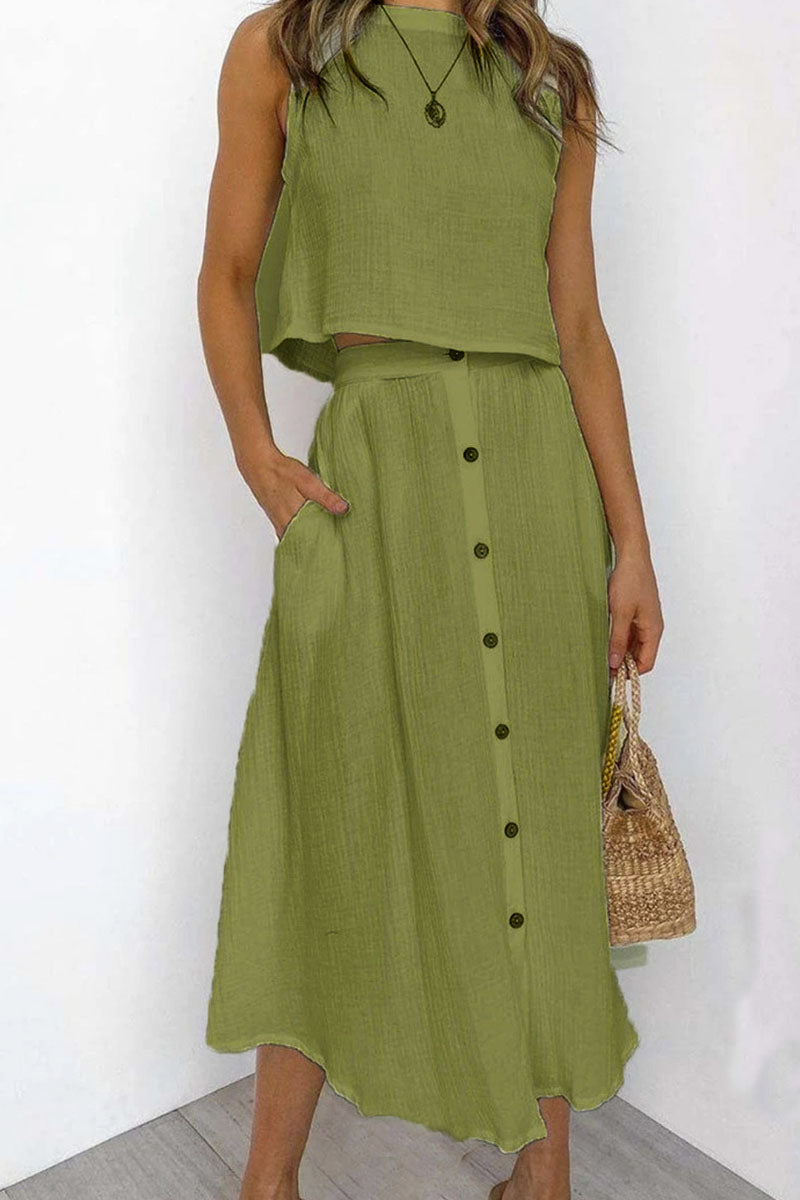 Casual Solid Patchwork O Neck Sleeveless Two Pieces(5 Colors)