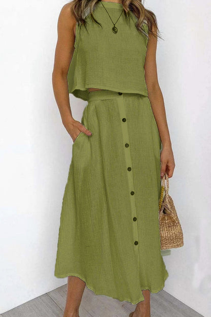 Casual Solid Patchwork O Neck Sleeveless Two Pieces(5 Colors)