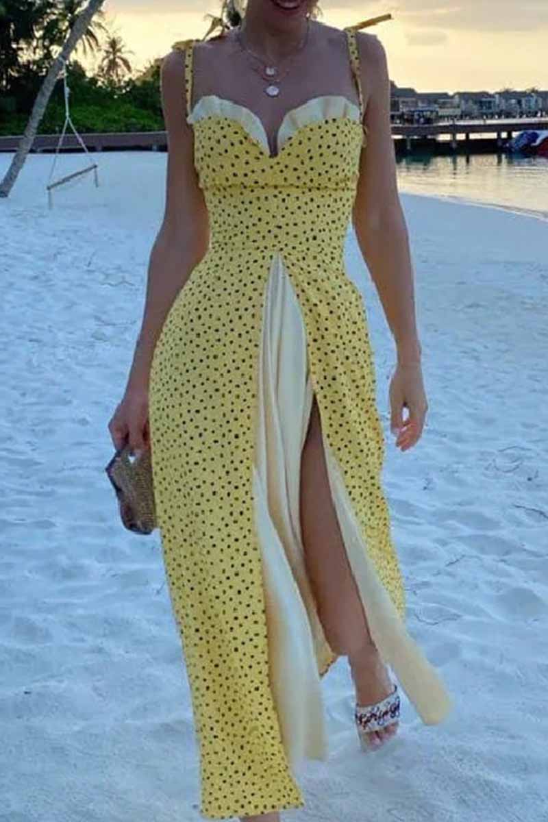 Elegant Print Solid Patchwork Slit V Neck A Line Dresses(5 Colors)