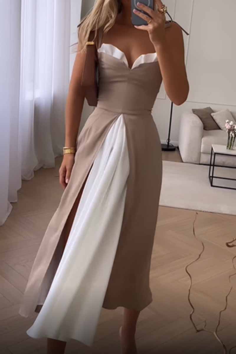 Elegant Print Solid Patchwork Slit V Neck A Line Dresses(5 Colors)