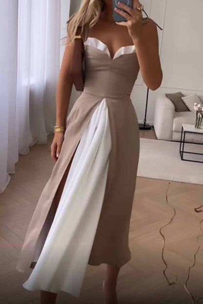 Elegant Print Solid Patchwork Slit V Neck A Line Dresses(5 Colors)