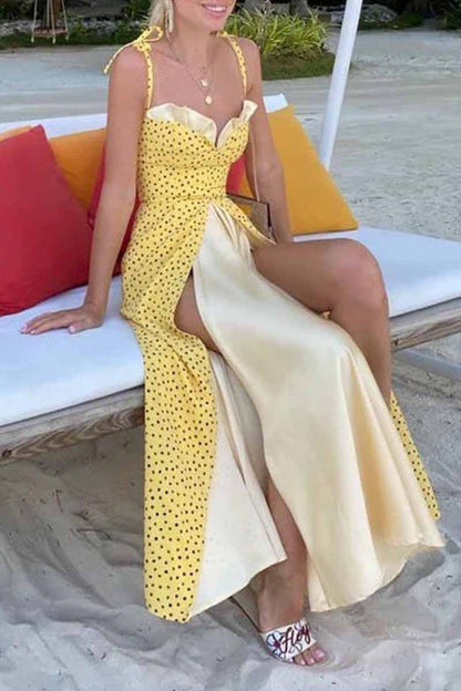 Elegant Print Solid Patchwork Slit V Neck A Line Dresses(5 Colors)